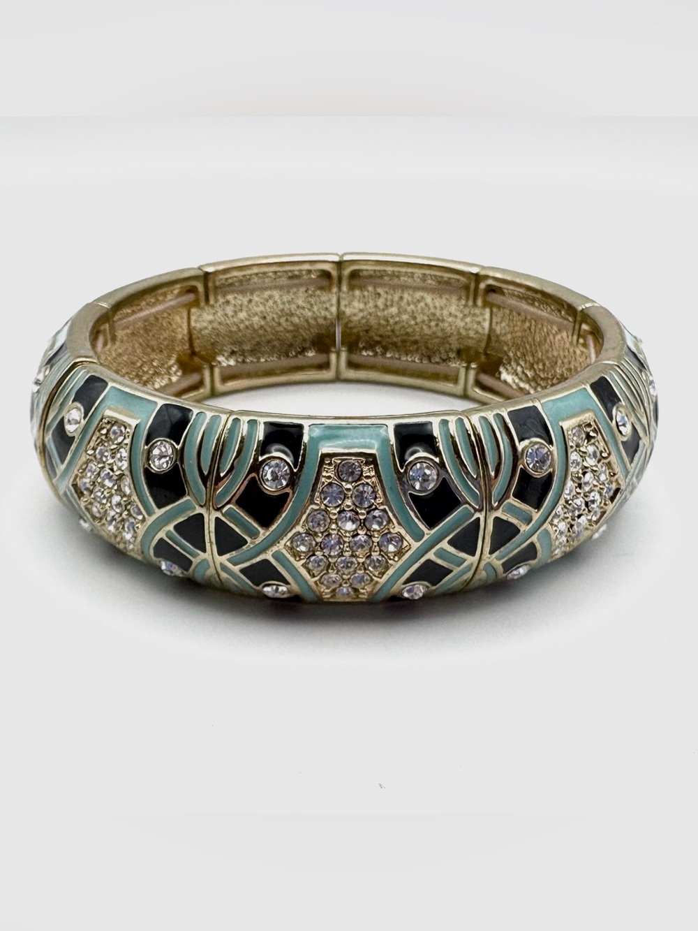 J. Crew Green & Black Enamel and Rhinestone Stretch Bangle Bracelet